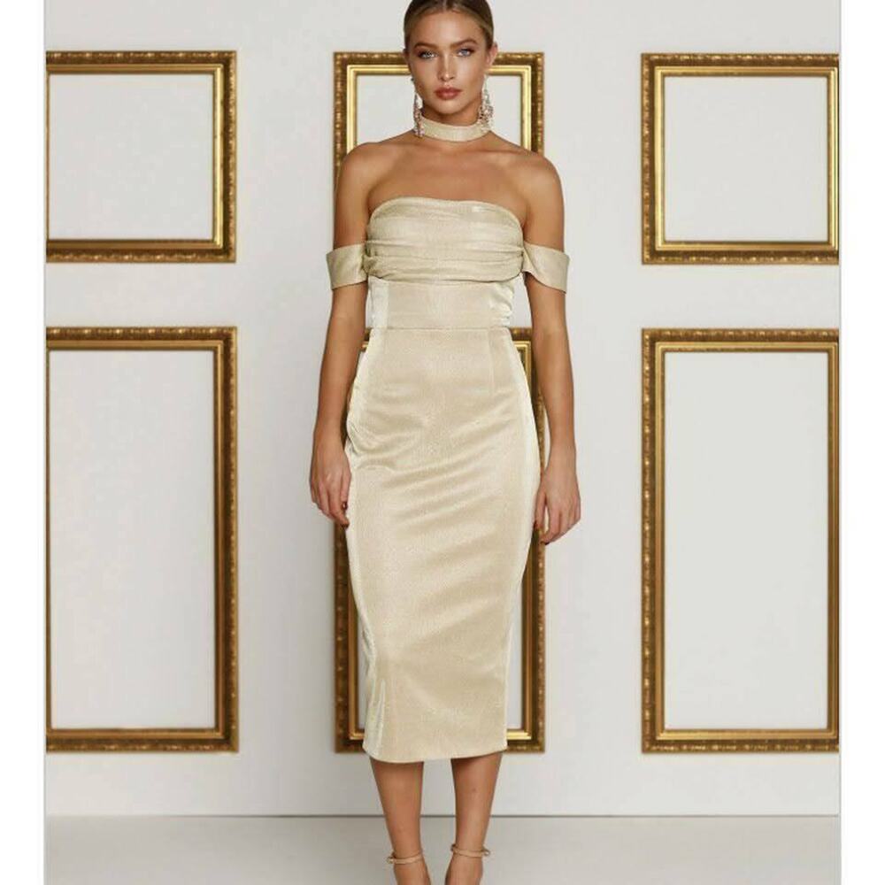 ALAMOUR Women Casual Off Shoulder Sleeve Midi Dress Party Glitter Cream XSmall